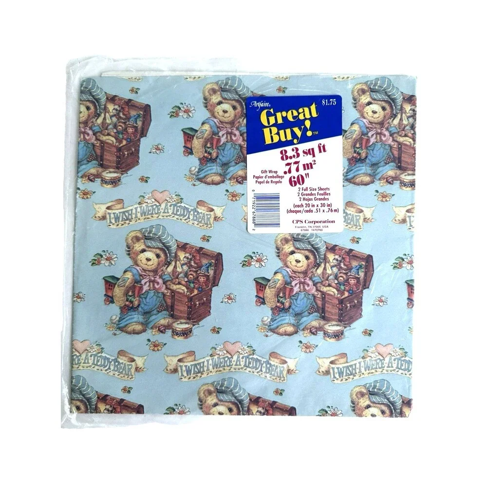 Vintage Artfaire Teddy Bear Toy Chest Gift Wrap Wrapping Paper 3 Sheets